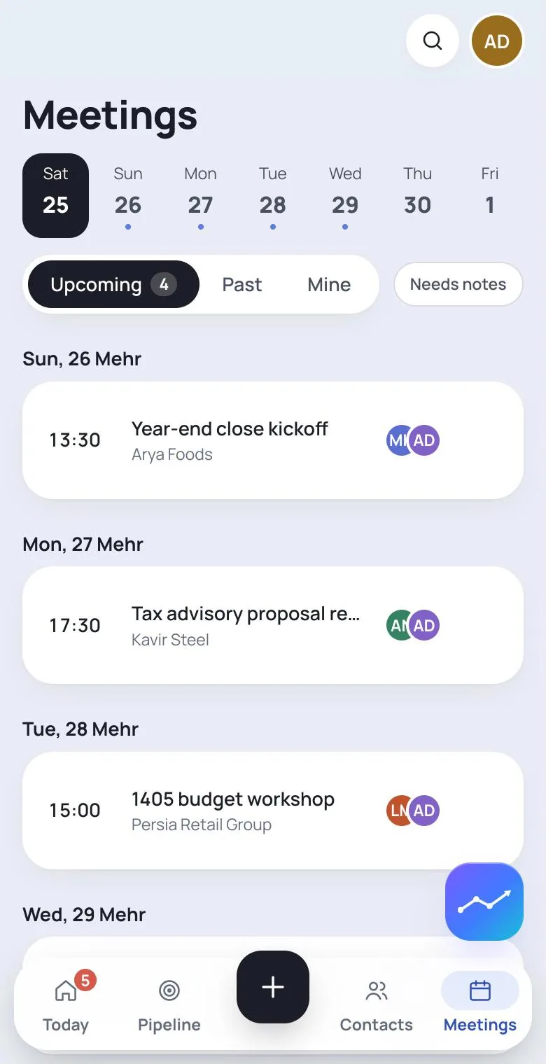 The week's upcoming meetings on a phone, each with its time, client and participants.