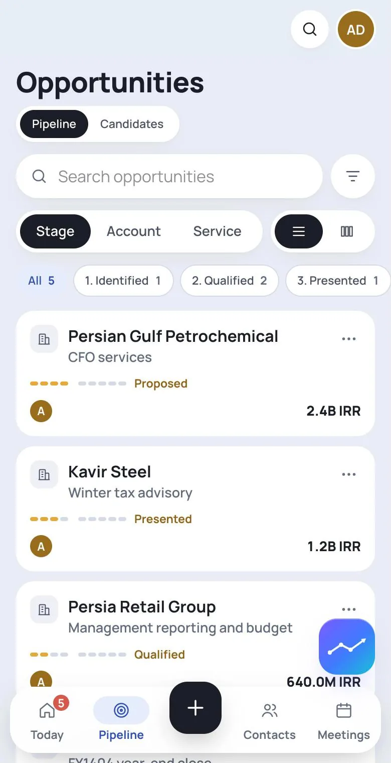 The pipeline on a phone: opportunities with their stage, a progress meter and the estimated fee.
