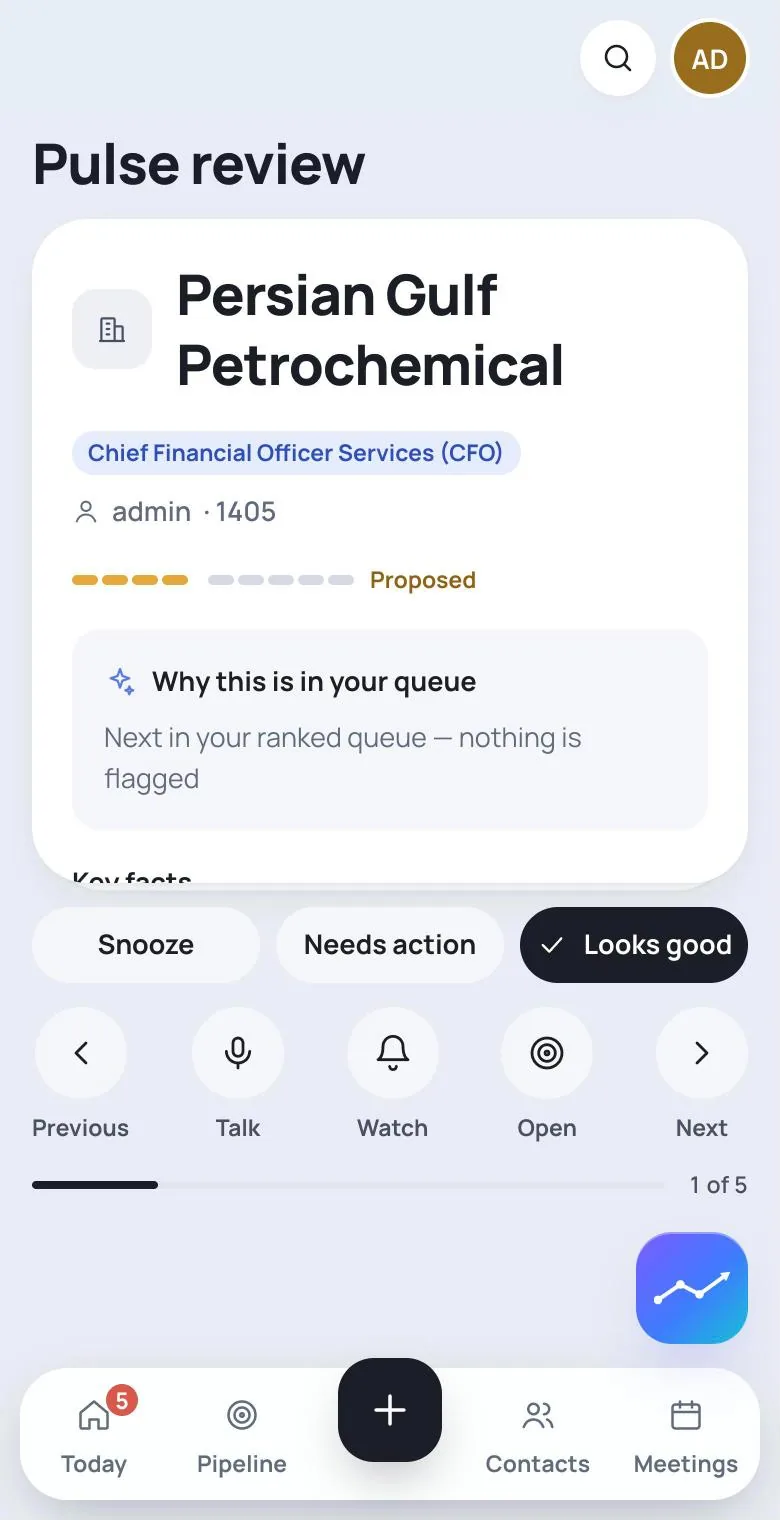 Pulse review on a phone: one account, why it is in the queue, and Looks good, Needs action and Snooze.