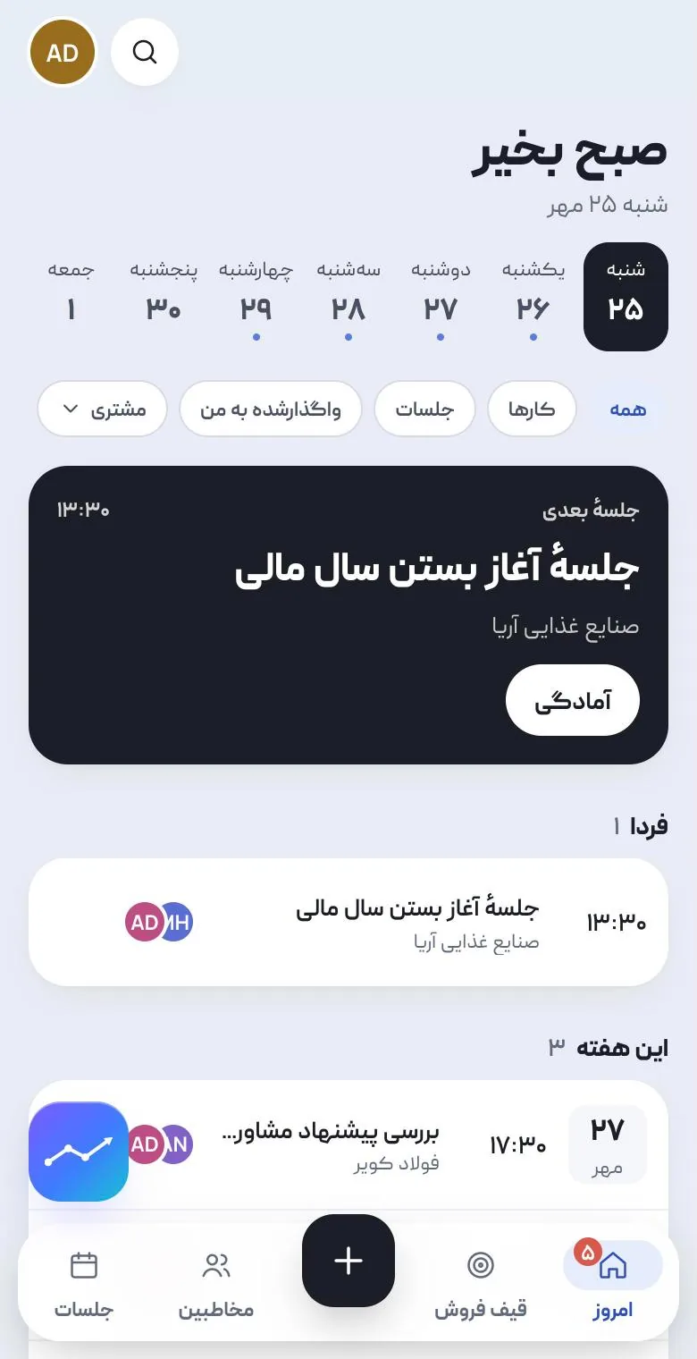 صفحهٔ امروز در گوشی: سلام صبح، روزهای هفته، و جلسهٔ بعدیِ «صنایع غذایی آریا».